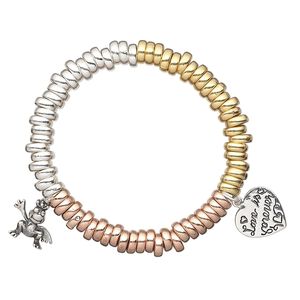 Bracelet, stretch, sterling silver / gold- / rose gold-finished sterling silver, 7x3mm rondelle with 15x13mm frog and 15x15mm heart with "Love is forever," 6 inches. Sold individually.