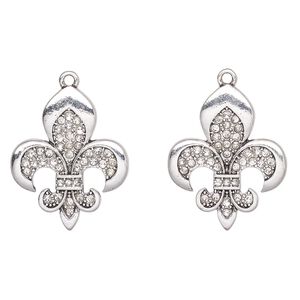Focal, antique silver-finished "pewter" (zinc-based alloy) and glass, clear, 30x24mm fleur-de-lis. Sold per pkg of 2.