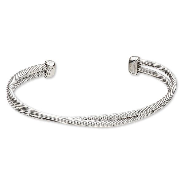 Bracelet, cuff, silver-finished "pewter" (zinc-based alloy) and brass, 9mm wide double twisted cable, 7-inch adjustable. Sold individually. image number 0
