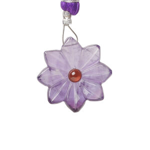 Amethyst / garnet 1pkg1, top-drilled hand-cut 1sided carved flower bead natural, 22mm