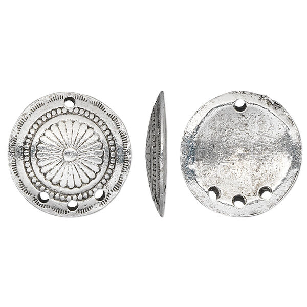 Drop, pewter (tin-based alloy), pkg/1, antique silver plate, 18mm concho disc with flower. image number 0