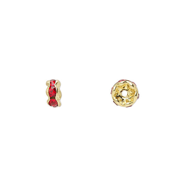 Bead, glass rhinestone and gold-finished brass, red, 5x2mm rondelle. Sold per pkg of 10. image number 0