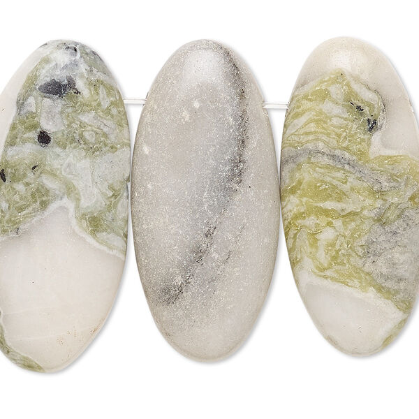 Focal, green Earth "jasper" (serpentine) (natural), 33x15mm-35x16mm flat oval with flat back, B- grade, Mohs hardness 2-1/2 to 6. Sold per pkg of 4. image number 0