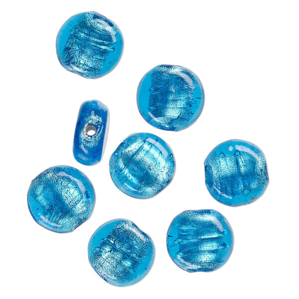 Bead, lampworked glass, opaque turquoise blue, 15x8mm-13x6mm flat round with silver-colored foil. Sold per pkg of 8. image number 0