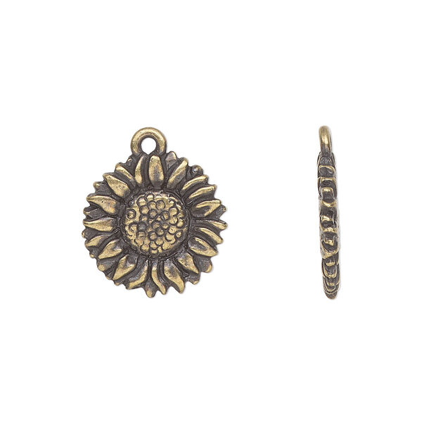 Charm, TierraCast®, antique brass-plated pewter (tin-based alloy), 15mm double-sided sunflower. Sold per pkg of 20. image number 0
