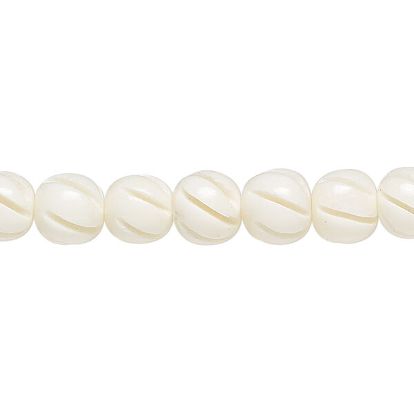 Bead, bone (bleached), white, 8mm spiral round, Mohs hardness 2-1/2. Sold per 15-1/2" to 16" strand. image number 0