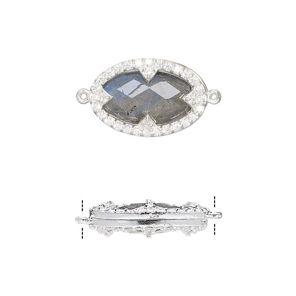 Link, labradorite (natural) / cubic zirconia / sterling silver, clear, 18x12mm double-sided faceted oval. Sold individually. image number 0