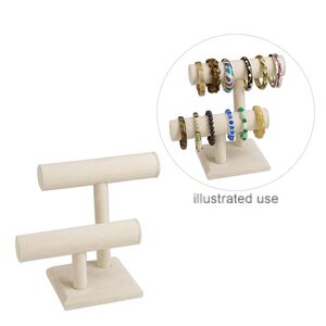 Display, bangle, medium density fiberboard and velveteen, beige, 10-1/2 x 8-1/4 x 5 inch 2-bar stand. Sold individually.