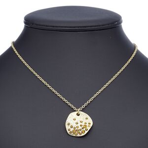 Necklace, glass rhinestone with gold-finished steel and "pewter" (zinc-based alloy), topaz brown, 28x27mm freeform, 18 inches with 2-inch extender chain and lobster claw clasp. Sold individually.