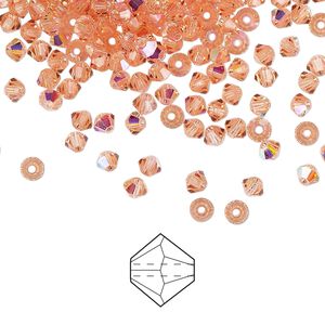 Bead 144pk rose peach AB, Preciosa Czech crystal 3mm bicone