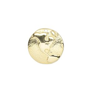 Charm, gold-finished sterling silver, 17mm single-sided slightly domed round with embossed western hemisphere. Sold individually.