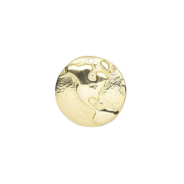 Charm, gold-finished sterling silver, 17mm single-sided slightly domed round with embossed western hemisphere. Sold individually. image number 0