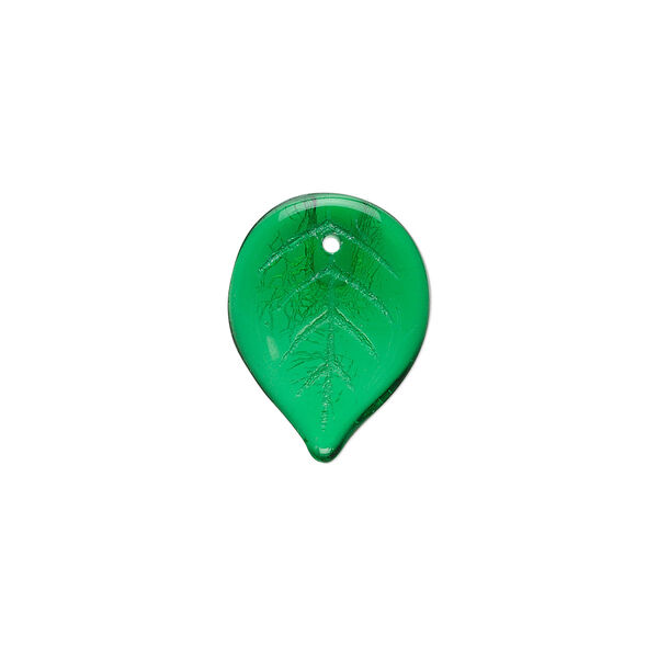 Bead, Czech pressed glass, emerald green, 18.5x14mm top-drilled leaf. Sold per 15-1/2" to 16" strand, approximately 100 beads. image number 0