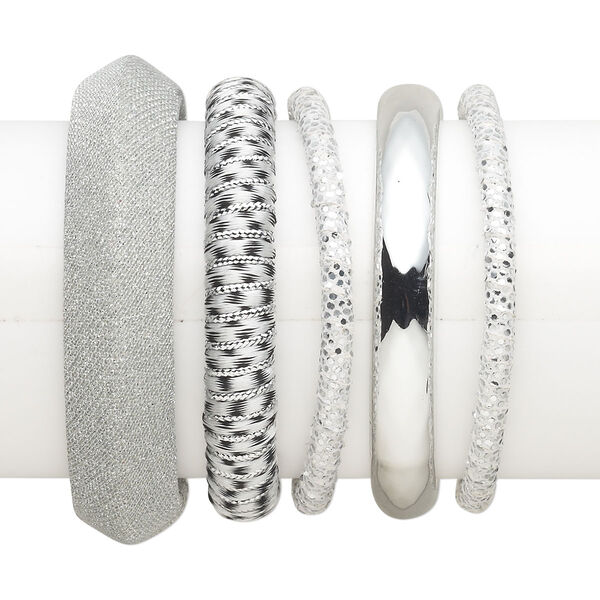 Bracelet, bangle, steel / leatherette / polyester / silver-coated plastic, white, 5-18.5mm wide with assorted designs, 7-1/2 inches. Sold per 5-piece set. image number 0