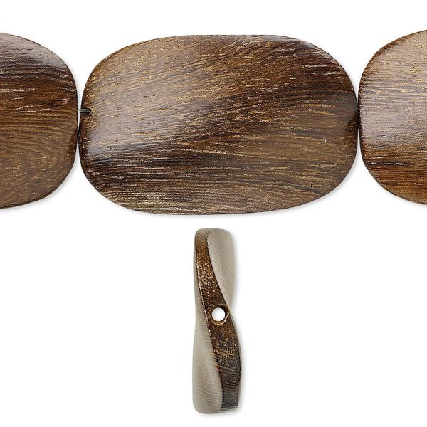 Bead, wood (waxed), 40x28mm hand-cut twisted flat oval. Sold per 15-1/2" to 16" strand. image number 0