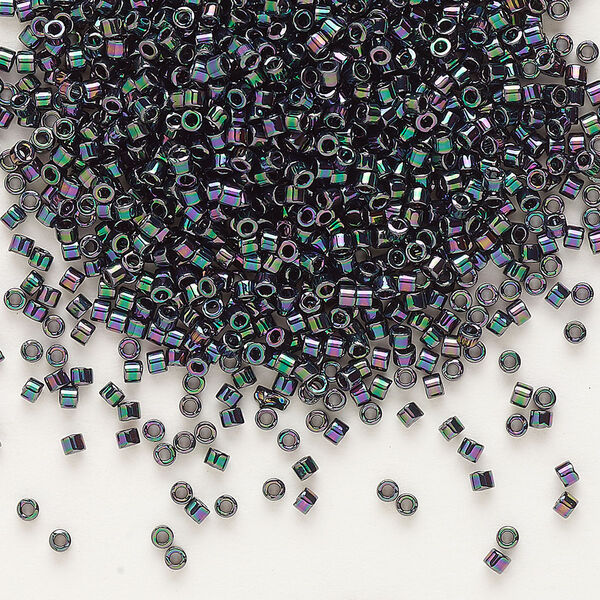 Seed bead, Delica®, glass, pkg/7.5g, #11 round, opaque metallic gold iris plum emerald (DB-1001). image number 0