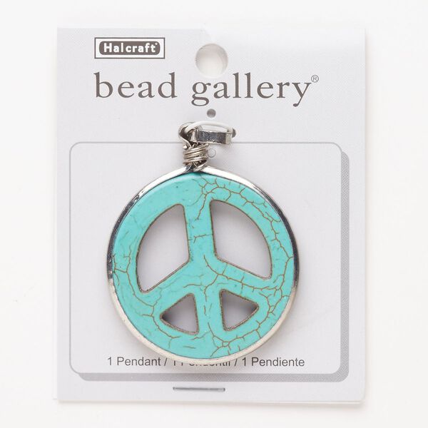 Pendant, steel and howlite (dyed), pkg/1, 57x46mm peace sign, antique silver finish and turquoise blue. image number 0