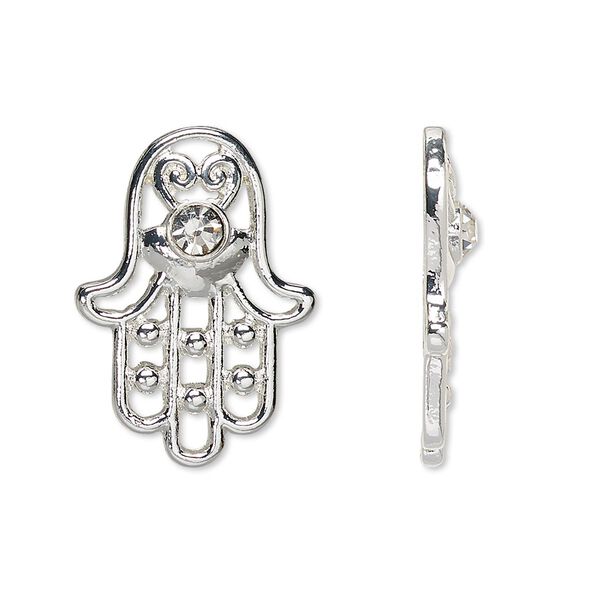 Component, Czech glass rhinestone and silver-finished "pewter" (zinc-based alloy), clear, 25x18mm single-sided Fatima hand with cutouts and 4mm faceted round. Sold per pkg of 2. image number 0