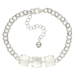 Bracelet, silver-finished brass, 12mm wide cupchain with (3) 12mm 4-prong rivoli settings and 6mm rolo, 7 inches with 2-inch extender chain and lobster claw clasp. Sold individually.