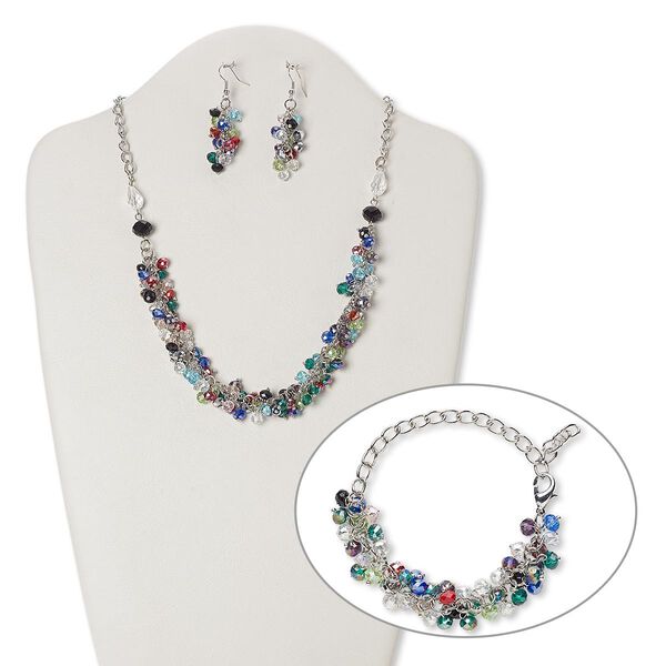 Necklace, bracelet and earring set, glass with silver-plated steel and brass, multicolored, rondelle, 21 inches with 2-inch extender chain and lobster claw clasp, 7-inch bracelet, 2-1/4 inch earrings with fishhook ear wire. Sold per set. image number 0