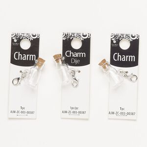 Drop, silver-finished steel / glass / cork, clear and brown, 26x17mm bottle with stopper. Sold per pkg of 3.