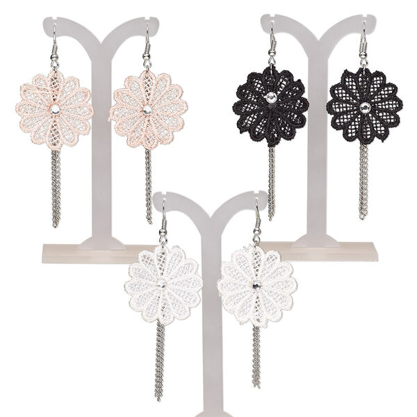Earring, acrylic rhinestone / nylon lace / imitation rhodium-plated steel / brass, multicolored, 3 inches with fishhook ear wire. Sold per pkg of 3 pairs. image number 0