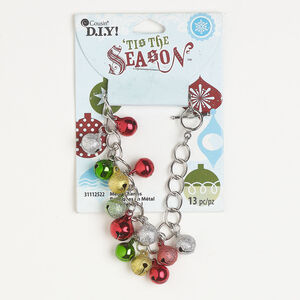 Bracelet 1pkg1, silver-finished steel and aluminum, multicolored, 7 inches with toggle clasp and 10mm textured jingle bells.