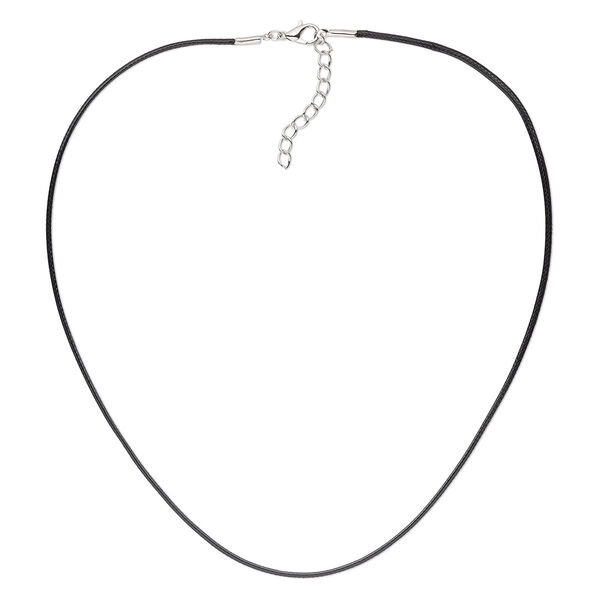Necklace cord, waxed cotton cord with imitation rhodium-finished steel and "pewter" (zinc-based alloy), black, 1.5mm round, 16 inches with 1-1/2 inch extender chain and lobster claw clasp. Sold per pkg of 4. image number 0