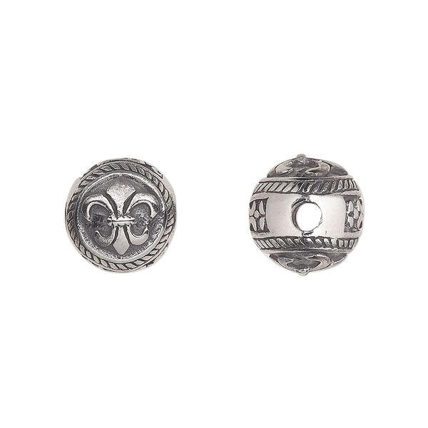 Bead, stainless steel, 11mm round with fleur-de-lis. Sold individually. image number 0