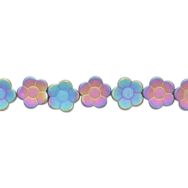 Bead, electroplated Hemalyke™, matte rainbow, 8mm flower. Sold per 15-1/2" to 16" strand. image number 0