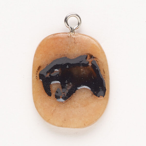 Focal, steel/red aventurine (natural)/enamel, pkg/1, silver finish and black, 30x24mm-39x27mm single-sided puffed freeform with sabretooth tiger head, B grade. image number 0
