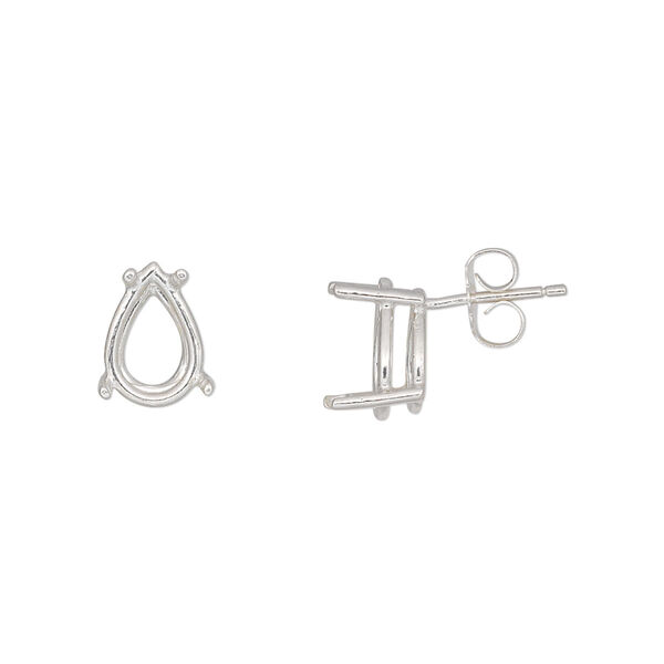 Earstud, Sure-Set™, sterling silver, 10x7mm with 4-prong pear basket setting. Sold per pair. image number 0