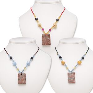 Rhodonite / multi-gemstone / acrylic 1pkg3, wavy rectangle necklace continuous 20 inch mix 40x27mm-41x30mm