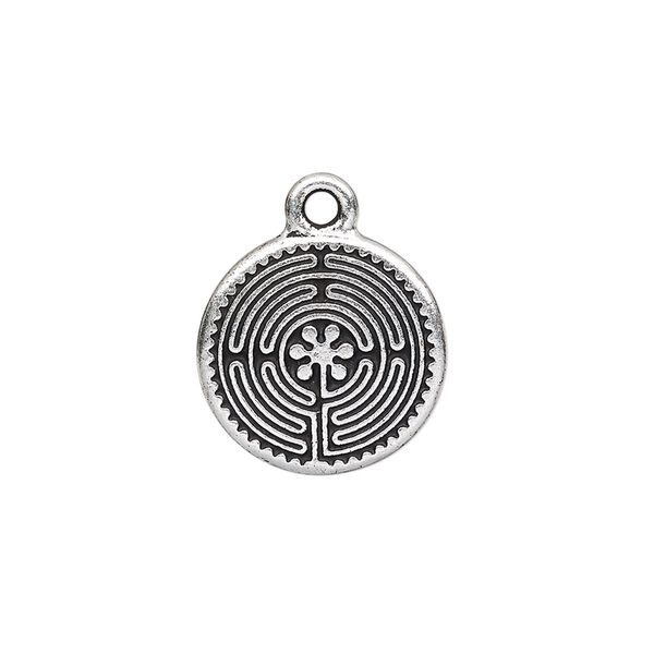 Drop, TierraCast®, antique silver-plated pewter (tin-based alloy), 17mm double-sided flat round with labyrinth design. Sold per pkg of 2. image number 0
