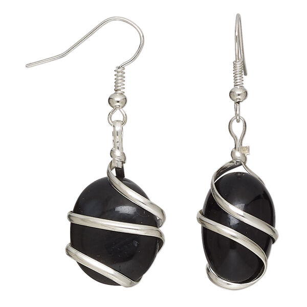 Earring, black agate (dyed) and silver-plated copper, 46mm with small to medium nugget and fishhook ear wire, 22 gauge. Sold per pair. image number 0