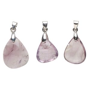 Amethyst / pewter (tin-based alloy) 1pkg3, imitation rhodium-finished teardrop freeform pendant natural 18x11mm-27x16mm