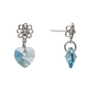 Earring, Everyday Jewelry™, Crystal Passions® and silver-plated "pewter", aquamarine, 21mm with flower and heart. Sold per pair.