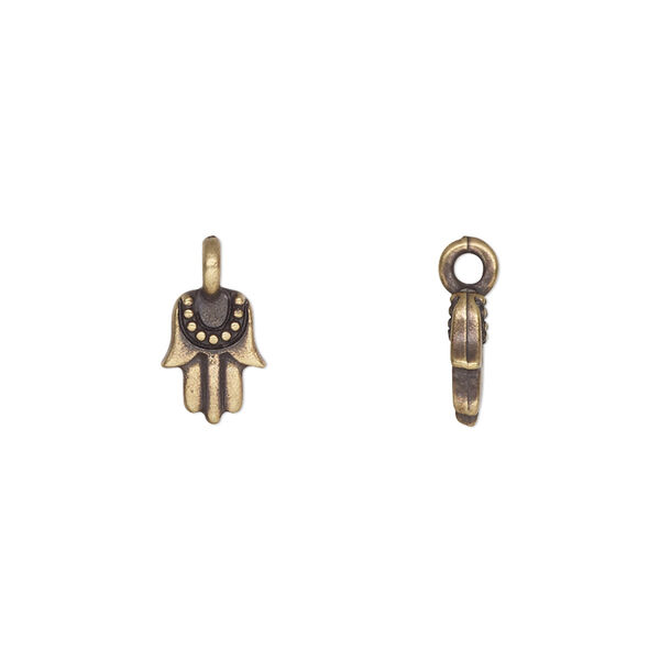 Charm, TierraCast®, "Worlds Away" collection, antique brass-plated pewter (tin-based alloy), 9x7mm double-sided mini Hamsa. Sold per pkg of 4. image number 0