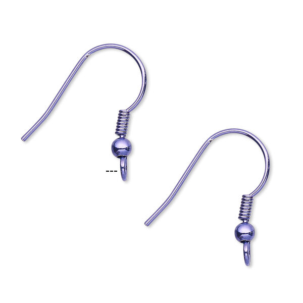 Ear wire, electro-coated brass, purple, 19mm fishhook with 3mm ball and 4mm coil with open loop, 21 gauge. Sold per pkg of 5 pairs. image number 0