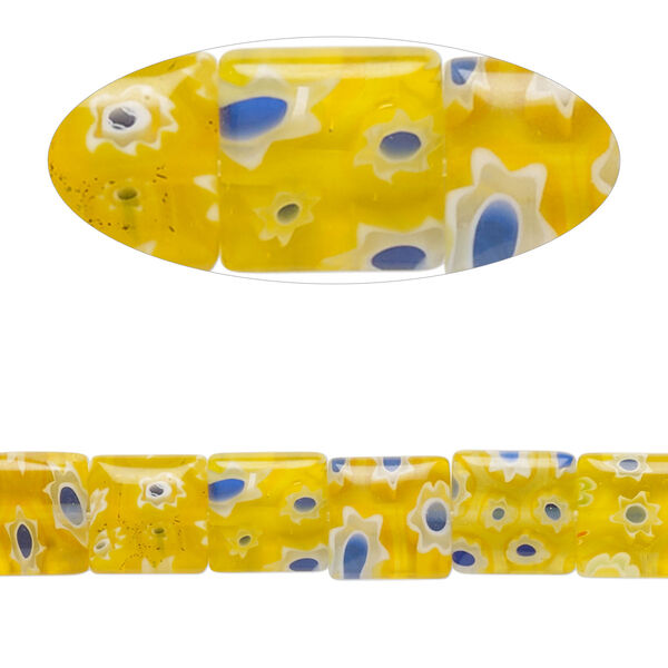 Bead, millefiori glass, translucent yellow and multicolored, 7mm-9x8mm puffed square with flower design. Sold per 14-inch strand. image number 0