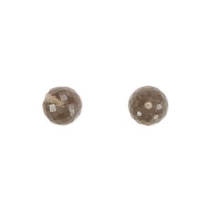 Smoky quartz 1pkg2, hand-cut half-drilled faceted round bead 8mm