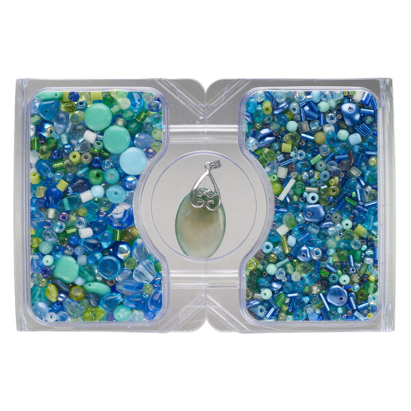 Pendant and bead mix, silver-finished "pewter" (zinc-based alloy) and glass, opaque to transparent multi-blue and multi-green, 33x17mm oval and 15/0 to 10mm mixed shapes. Sold per 100-gram pkg, approximately 750 beads. image number 0