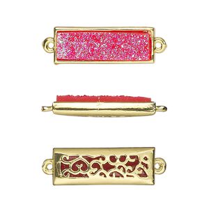 Link, Druzylite™, "druzy" (resin) and gold-finished brass, hot pink, 21x8mm two-sided rectangle with open filigree back. Sold per pkg of 4.