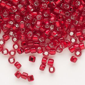 Seed bead, Dyna-Mites™, glass, silver-lined transparent ruby red, #6 round with square hole. Sold per 1/2 kilogram pkg.