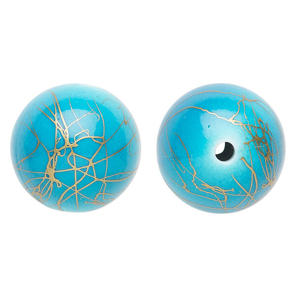 Bead, acrylic, turquoise blue and gold, 26mm round with swirls. Sold per pkg of 10. image number 0