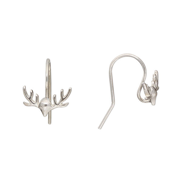 Ear wire, Amoracast®, sterling silver, 13mm fishhook with antler and open loop, 20 gauge. Sold per pair. image number 0