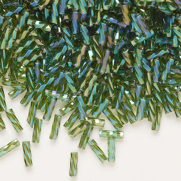 Bugle bead, Dyna-Mites™, glass, translucent rainbow olive green, 6mm twisted. Sold per 1/2 kilogram pkg. image number 0