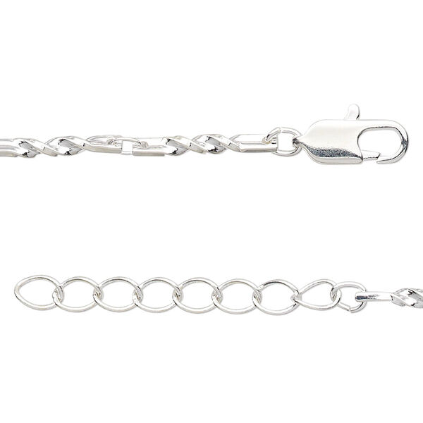 Chain, silver-plated brass, 2mm twisted bar and link, 7 inches with 1-1/4 inch extender chain and lobster claw clasp. Sold individually. image number 0