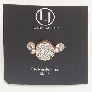 Ring 1pkg1 rose gold-finished brass and copper / glass rhinestone, clear, 13mm 2-sided reversible round with hammered back, size 8.