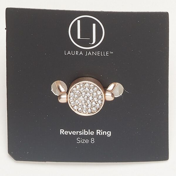 Ring 1pkg1 rose gold-finished brass and copper / glass rhinestone, clear, 13mm 2-sided reversible round with hammered back, size 8. image number 0